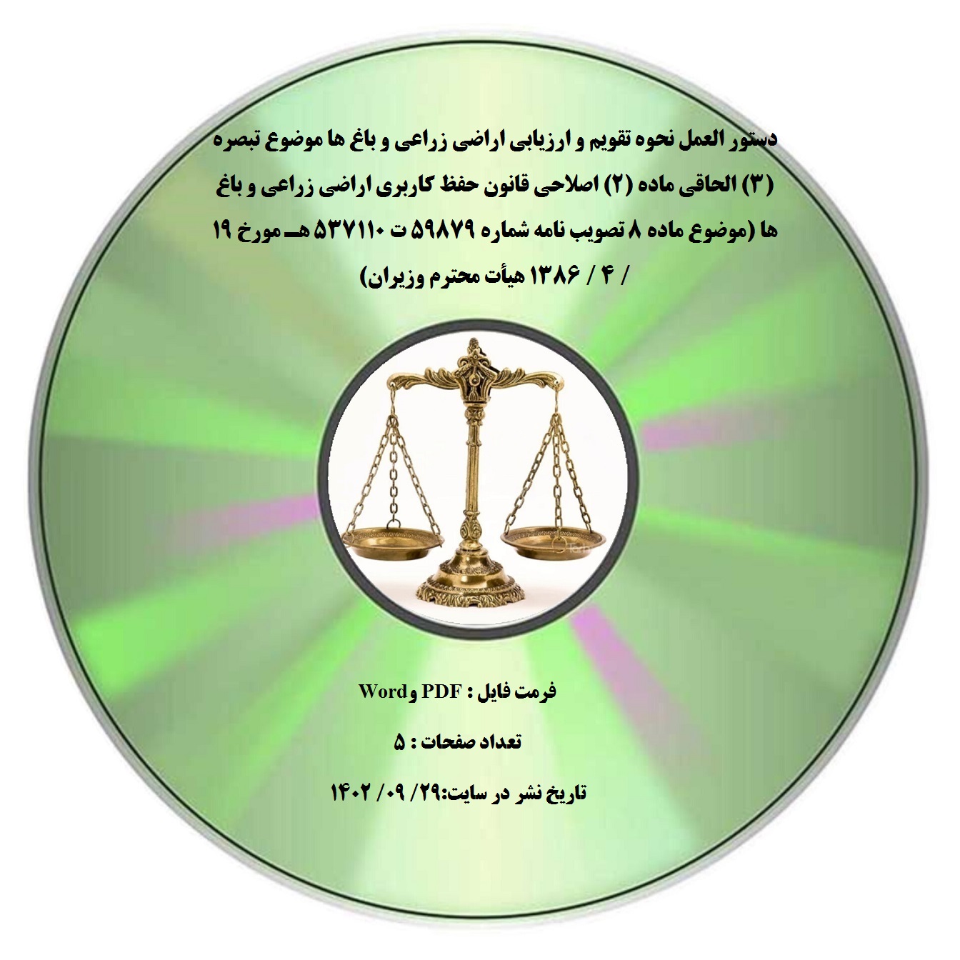 دستور العمل نحوه تقویم و ارزیابی اراضی زراعی و باغ ها موضوع تبصره (۳) الحاقی ماده (۲) اصلاحی قانون حفظ کاربری اراضی زراعی و باغ ها (موضوع ماده ۸ تصویب نامه شماره ۵۹۸۷۹ ت ۵۳۷۱۱۰ هـ مورخ 19 / 4 / 1386 هیأت محترم وزیران)