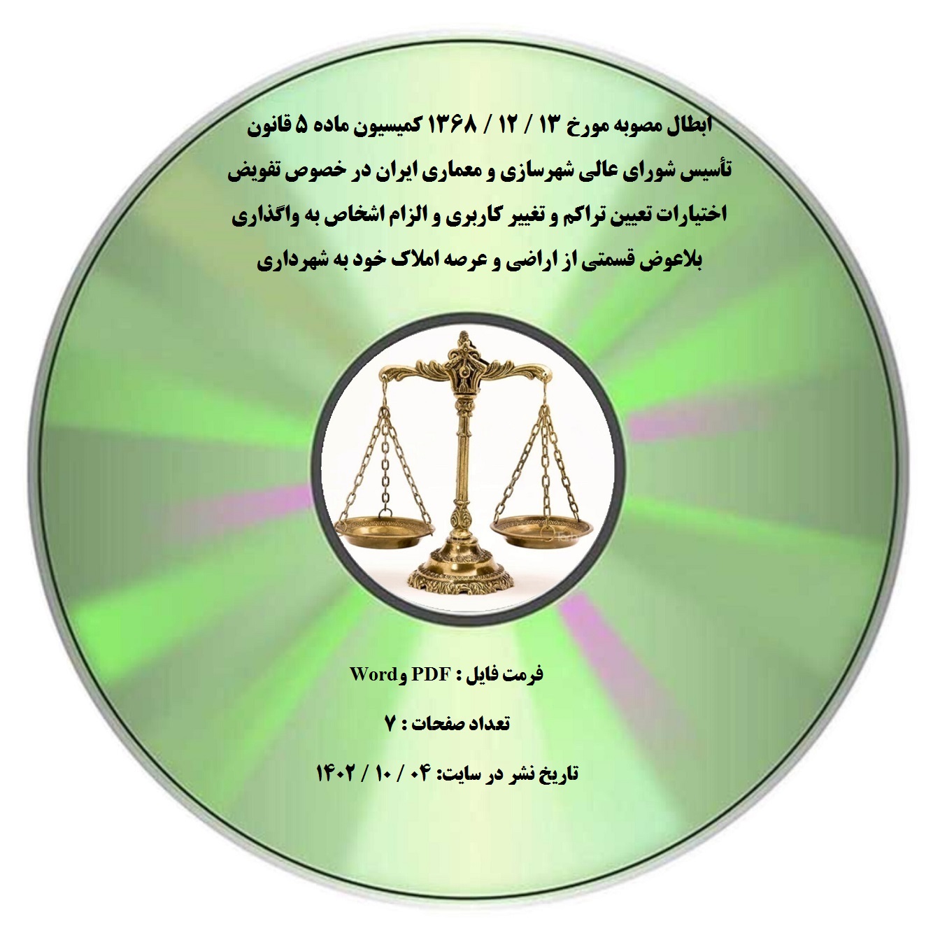 ابطال مصوبه مورخ 13 / 12 / 1368 کمیسیون ماده ۵ قانون تأسیس شورای عالی شهرسازی و معماری ایران در خصوص تفویض اختیارات تعیین تراکم و تغییر کاربری و الزام اشخاص به واگذاری بلاعوض قسمتی از اراضی و عرصه املاک خود به شهرداری